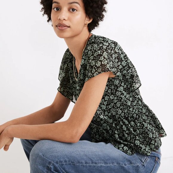 Madewell Georgette Ruffle-Sleeve Peplum Top in Fleur Field NWT S - Picture 3 of 6